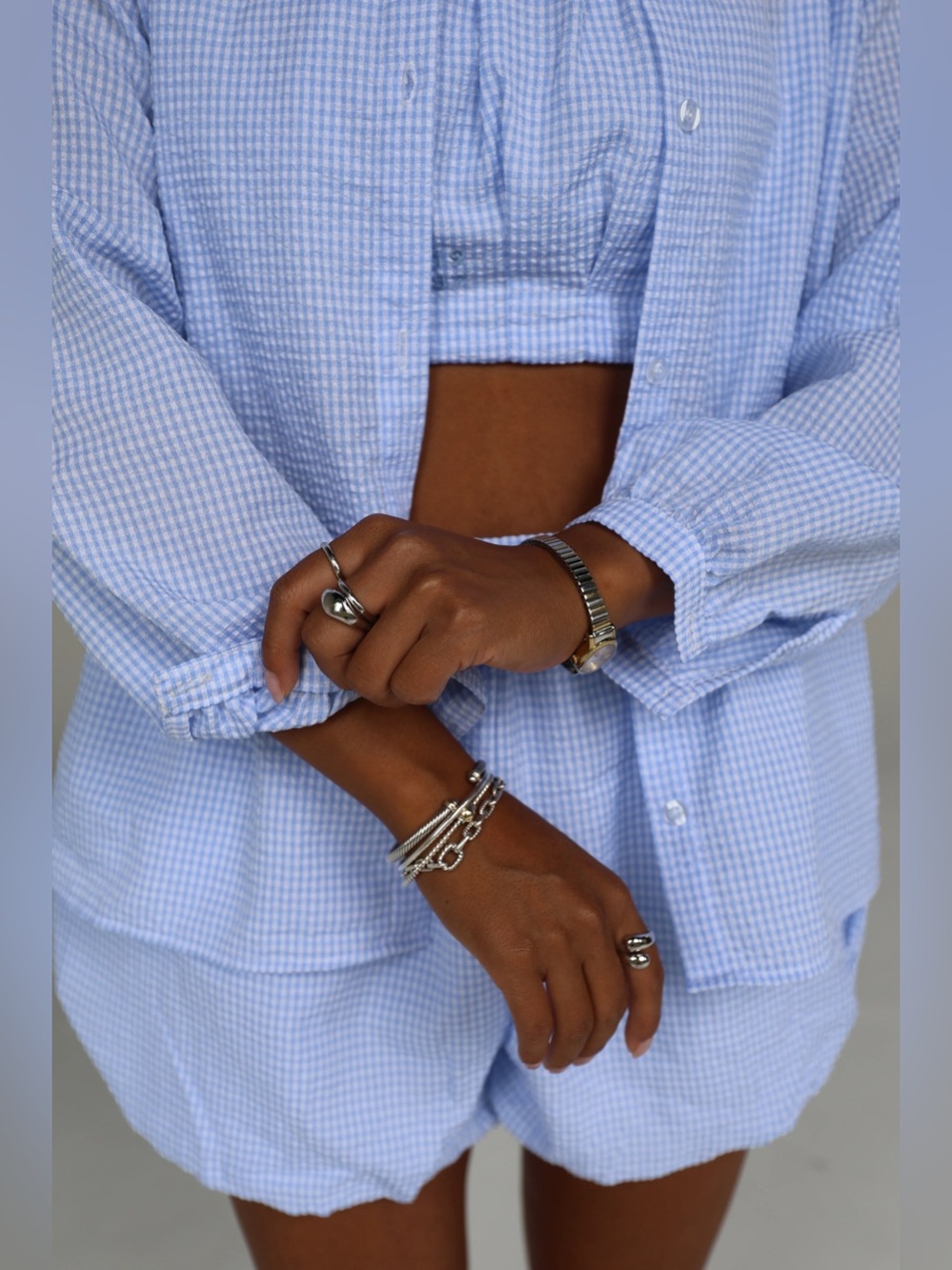 🆕 Light Blue Oversized Gingham Collarless Button Up Blouse - Picture 4 of 9